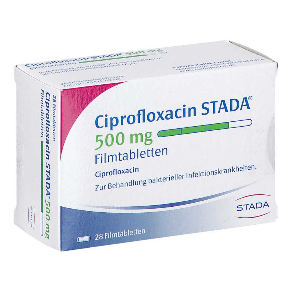Das Produktfoto zeigt Ciprofloxacin Stada 500 Mg Filmtabletten (28 stk) PZN 17848786