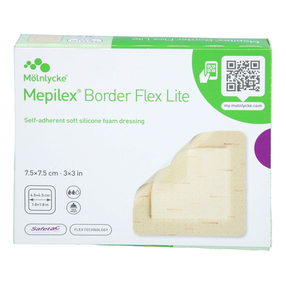 Das Produktfoto zeigt Mepilex Border Flex Lite Schaumverband 7,5x7,5 Cm (5 stk) PZN 17850719
