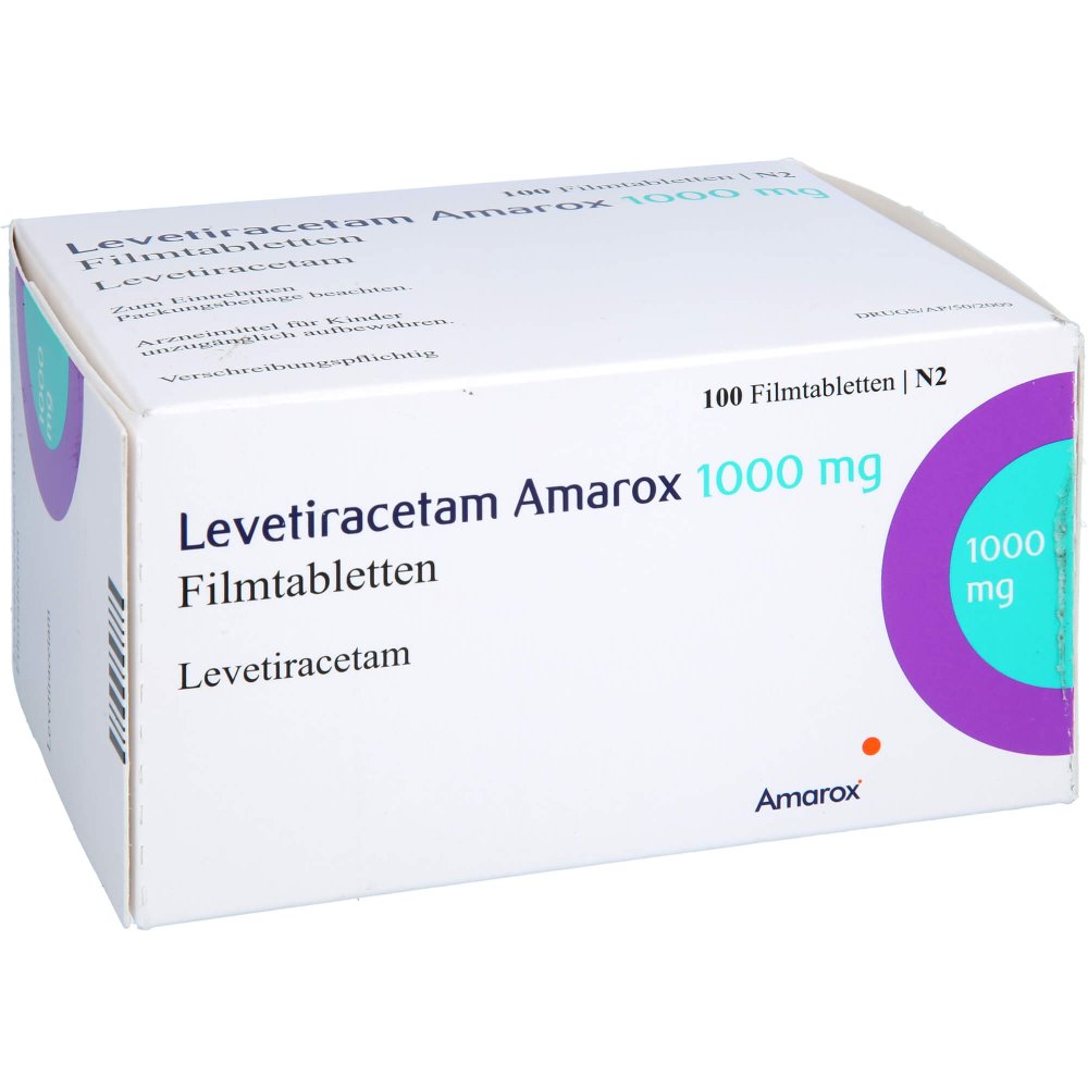Das Produktfoto zeigt Levetiracetam Amarox 1000 Mg Filmtabletten (100 stk) PZN 17852575