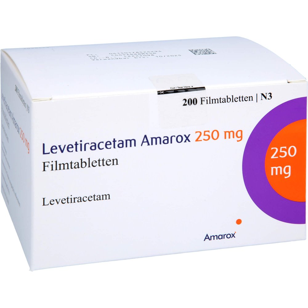 Das Produktfoto zeigt Levetiracetam Amarox 250 Mg Filmtabletten (200 stk) PZN 17852629