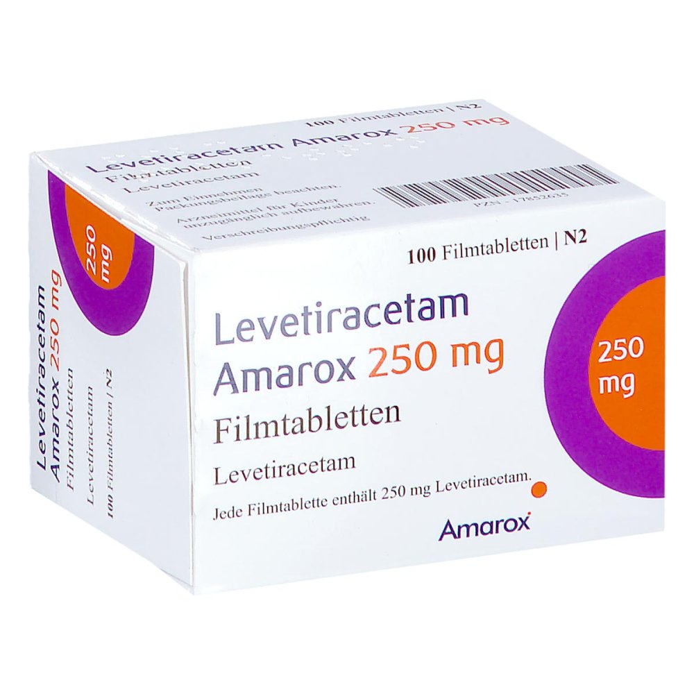 Das Produktfoto zeigt Levetiracetam Amarox 250 Mg Filmtabletten (100 stk) PZN 17852635