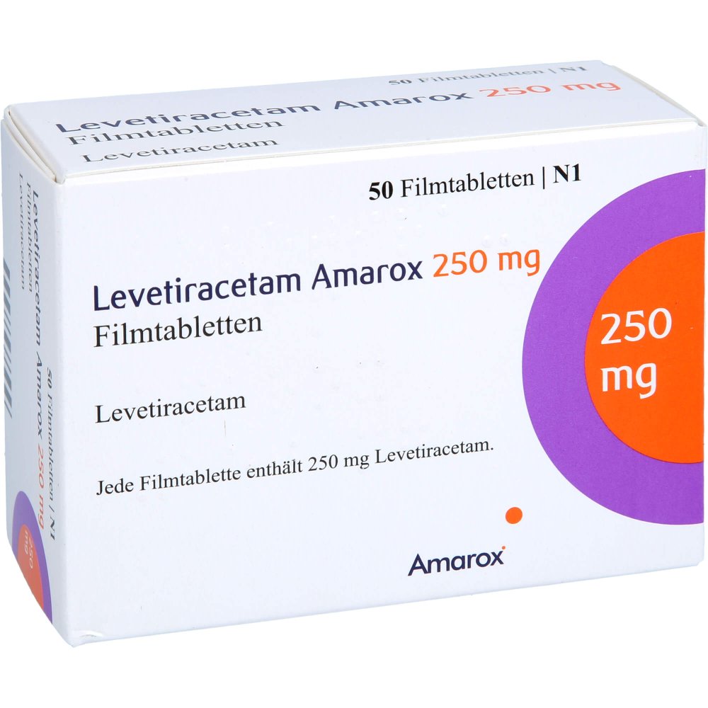Das Produktfoto zeigt Levetiracetam Amarox 250 Mg Filmtabletten (50 stk) PZN 17852641