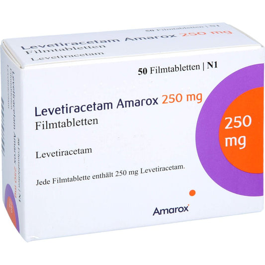 Das Produktfoto zeigt Levetiracetam Amarox 250 Mg Filmtabletten (50 stk) PZN 17852641