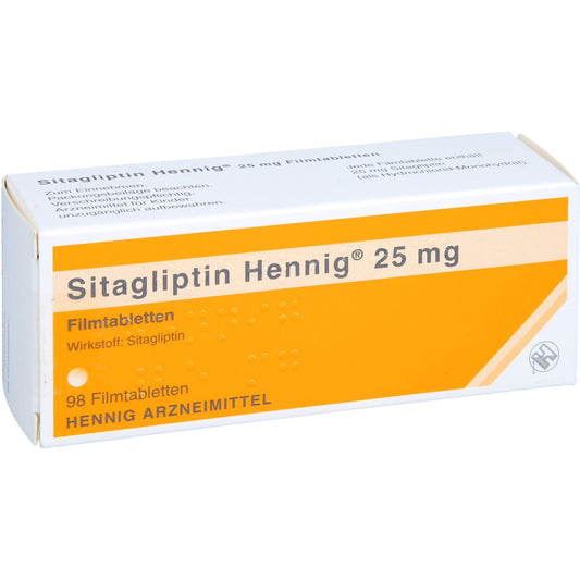 Das Produktfoto zeigt Sitagliptin Hennig 25 Mg Filmtabletten (98 stk) PZN 17858419