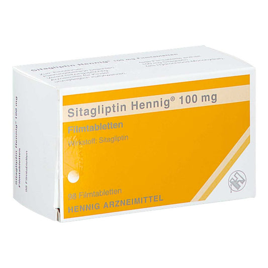 Das Produktfoto zeigt Sitagliptin Hennig 100 Mg Filmtabletten (98 stk) PZN 17858477