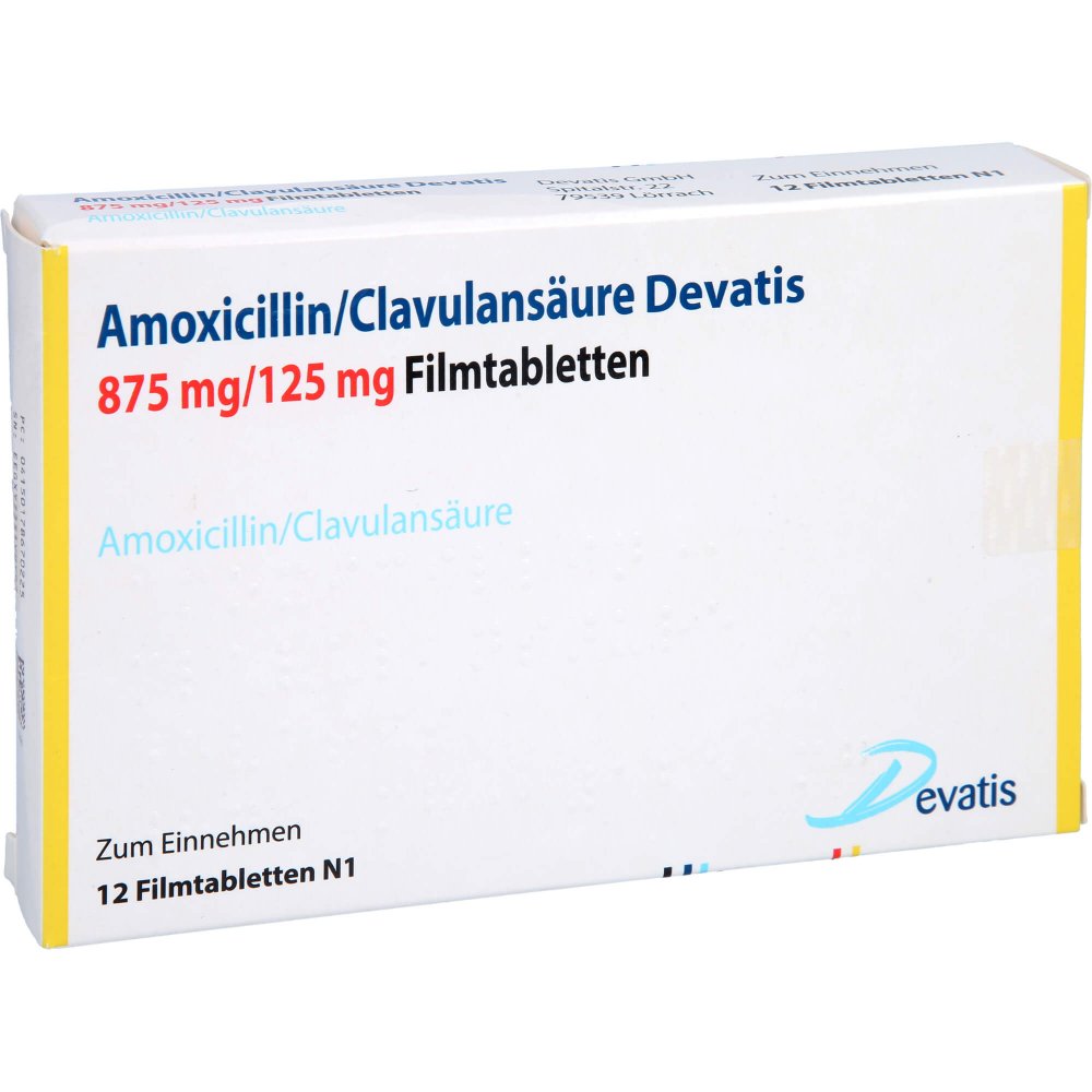 Das Produktfoto zeigt Amoxicillin/Clavulansäure Devatis 875mg/125mg Fta (12 stk) PZN 17867022