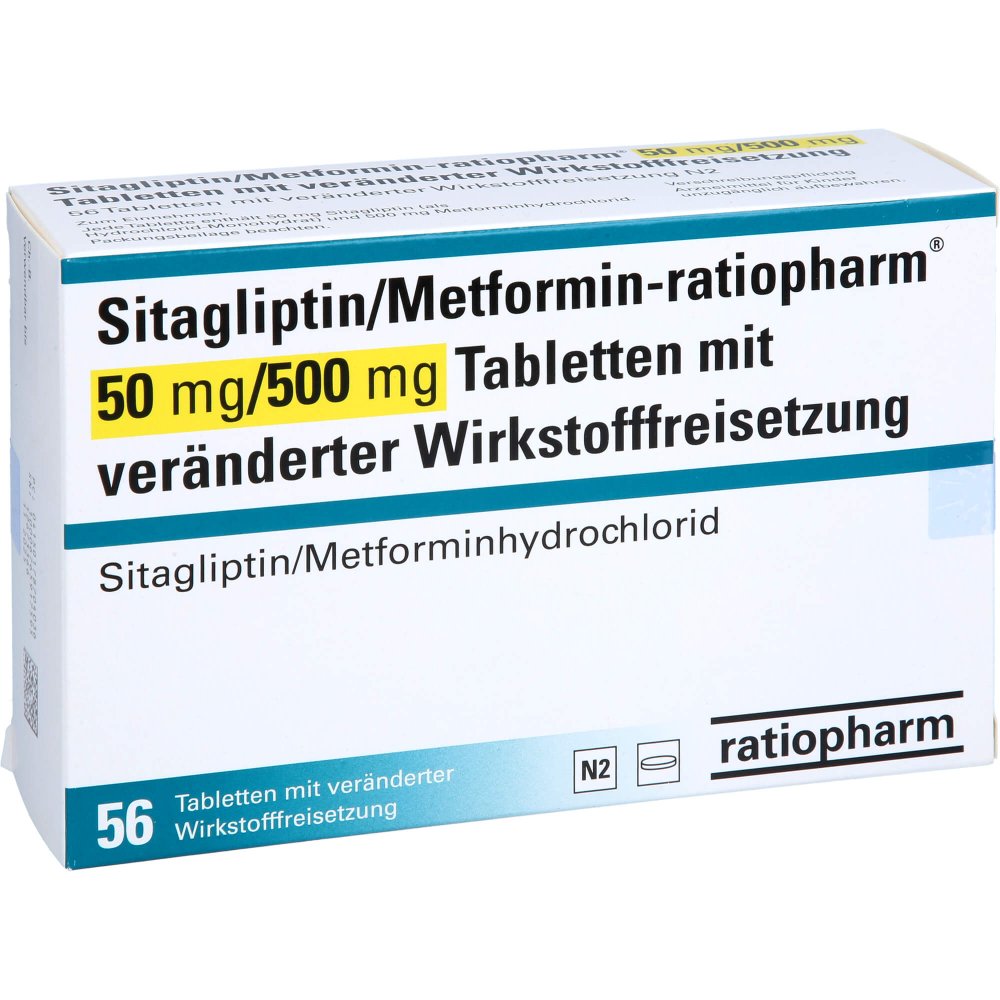 Das Produktfoto zeigt Sitagliptin/Metformin-Ratiopharm 50mg/500mg Tvw (56 stk) PZN 17870403