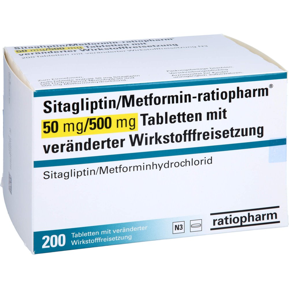 Das Produktfoto zeigt Sitagliptin/Metformin-Ratiopharm 50mg/500mg Tvw (200 stk) PZN 17870426
