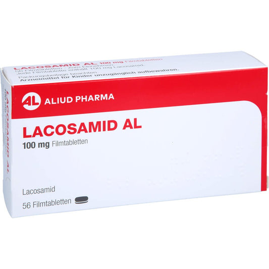 Das Produktfoto zeigt Lacosamid Al 100 Mg Filmtabletten (56 stk) PZN 17876972