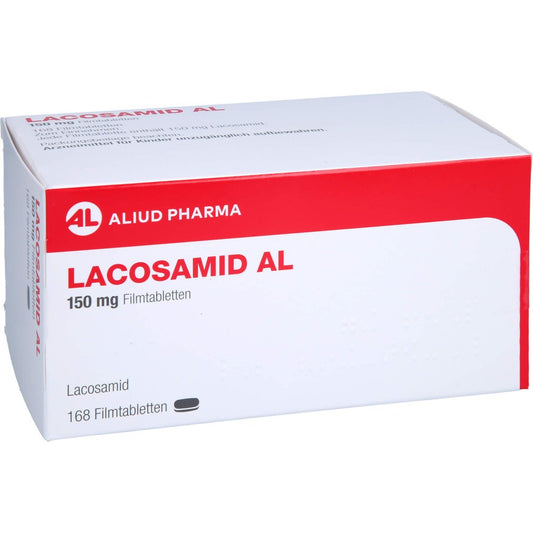 Das Produktfoto zeigt Lacosamid Al 150 Mg Filmtabletten (168 stk) PZN 17877026