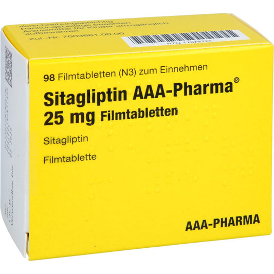 Das Produktfoto zeigt Sitagliptin Aaa-Pharma 25 Mg Filmtabletten (98 stk) PZN 17878221