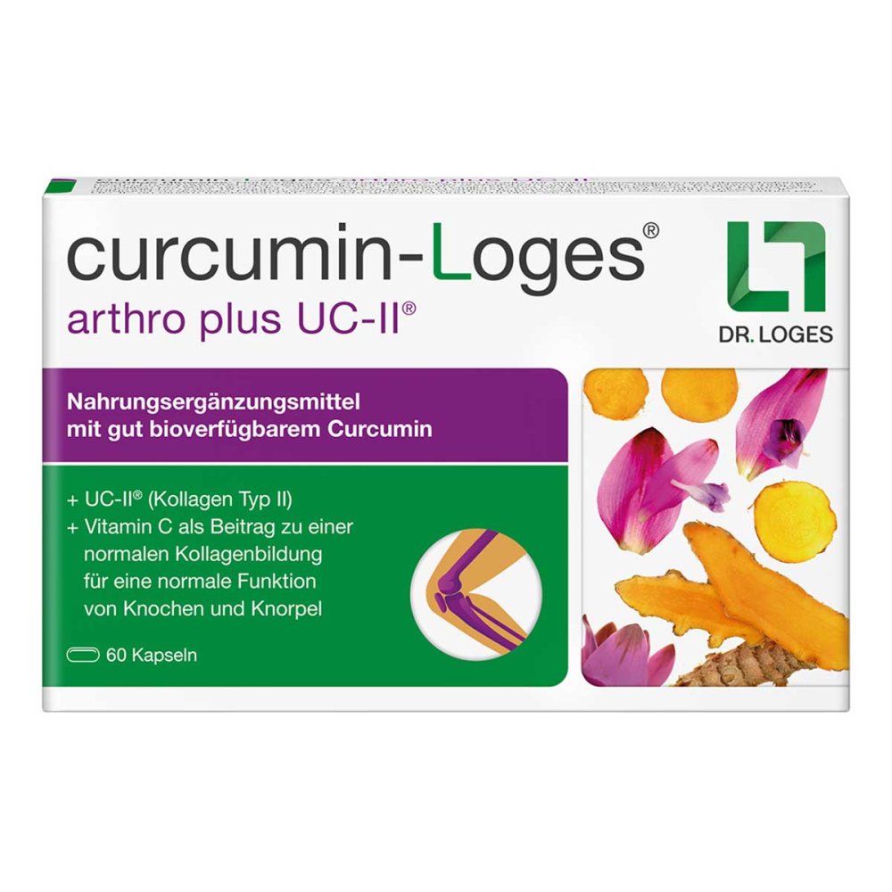 Das Produktfoto zeigt Curcumin-Loges Arthro Plus Uc-Ii Kapseln (60 stk) PZN 17887295