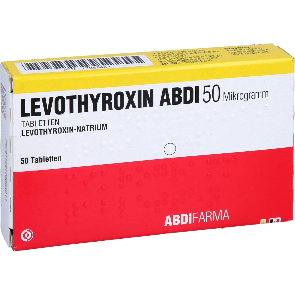Das Produktfoto zeigt Levothyroxin Abdi 50 Mikrogramm Tabletten (50 stk) PZN 17888484