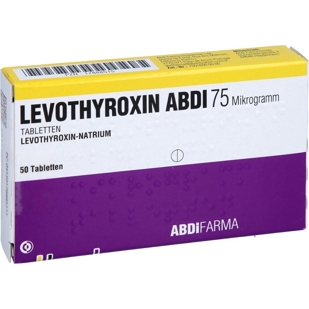 Das Produktfoto zeigt Levothyroxin Abdi 75 Mikrogramm Tabletten (50 stk) PZN 17888515