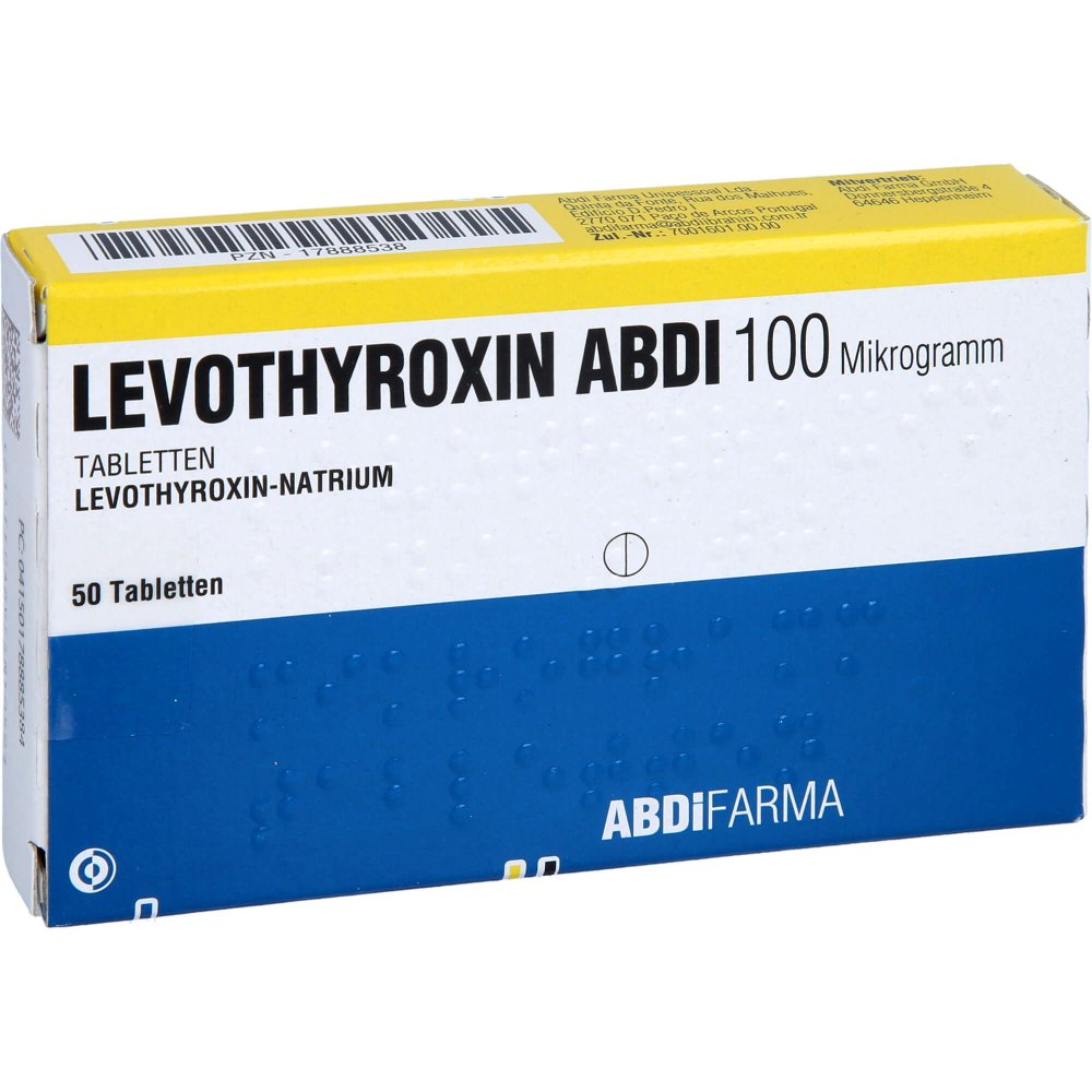 Das Produktfoto zeigt Levothyroxin Abdi 100 Mikrogramm Tabletten (50 stk) PZN 17888538