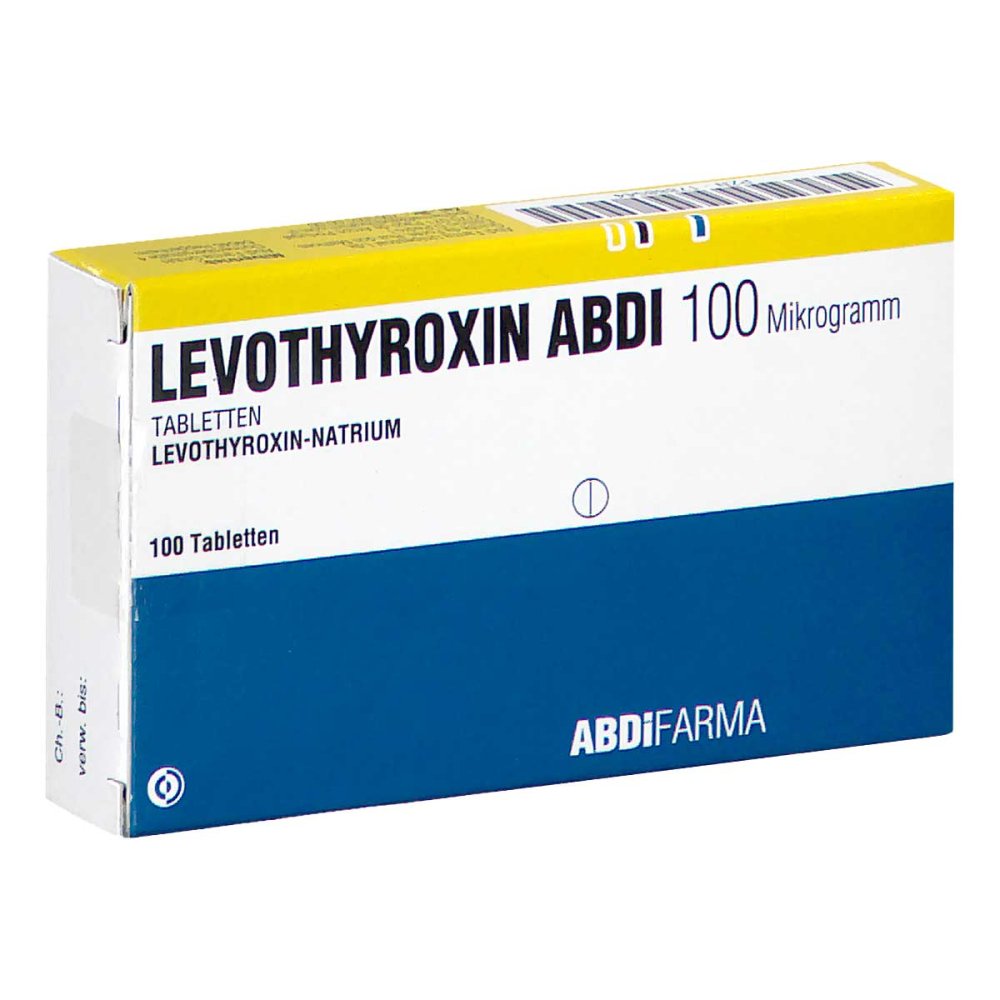 Das Produktfoto zeigt Levothyroxin Abdi 100 Mikrogramm Tabletten (100 stk) PZN 17888544
