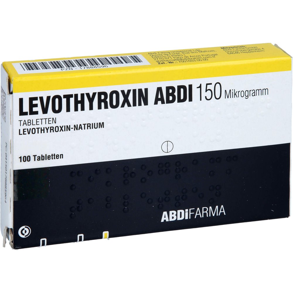 Das Produktfoto zeigt Levothyroxin Abdi 150 Mikrogramm Tabletten (100 stk) PZN 17888596