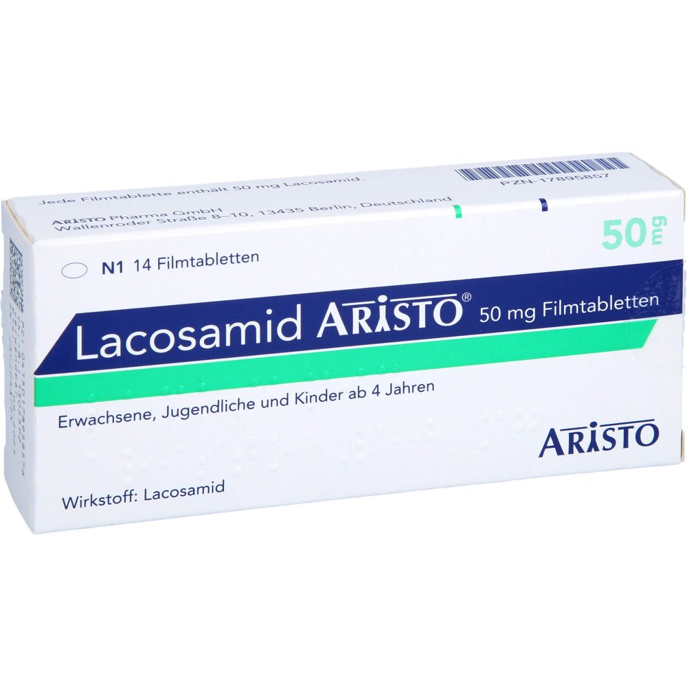 Das Produktfoto zeigt Lacosamid Aristo 50 Mg Filmtabletten (14 stk) PZN 17895857