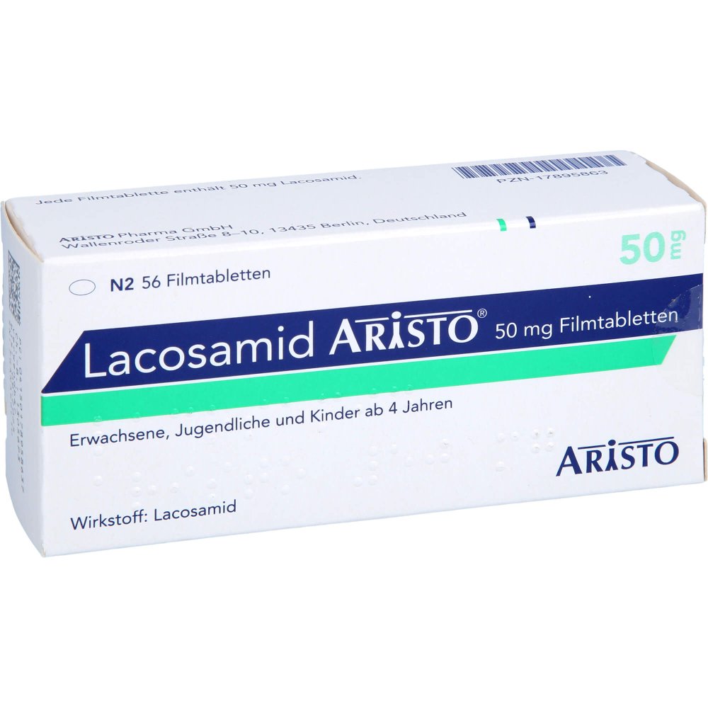 Das Produktfoto zeigt Lacosamid Aristo 50 Mg Filmtabletten (56 stk) PZN 17895863