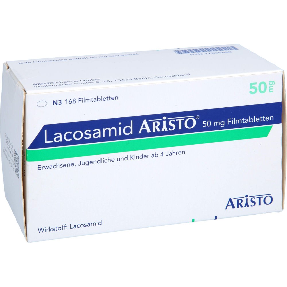 Das Produktfoto zeigt Lacosamid Aristo 50 Mg Filmtabletten (168 stk) PZN 17895886