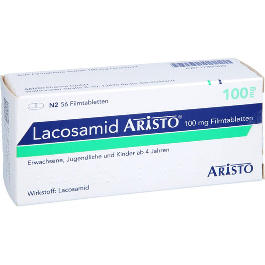 Das Produktfoto zeigt Lacosamid Aristo 100 Mg Filmtabletten (56 stk) PZN 17895892