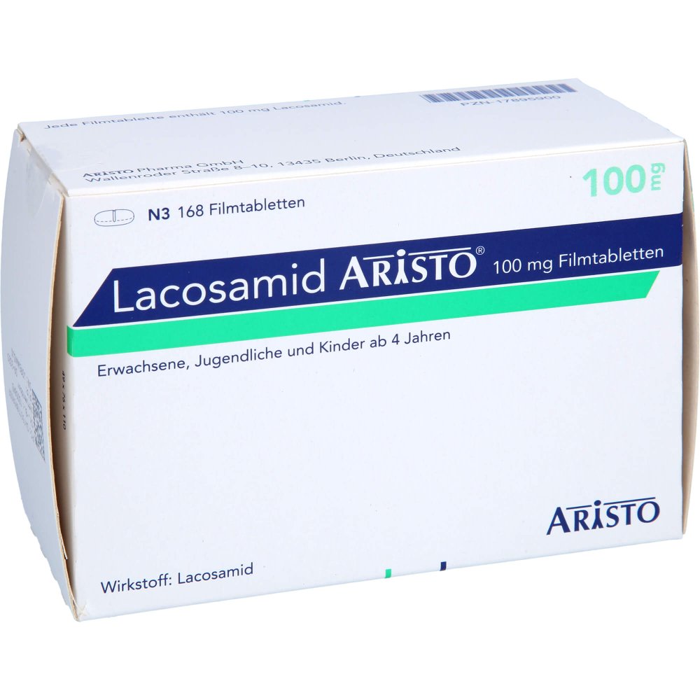 Das Produktfoto zeigt Lacosamid Aristo 100 Mg Filmtabletten (168 stk) PZN 17895900