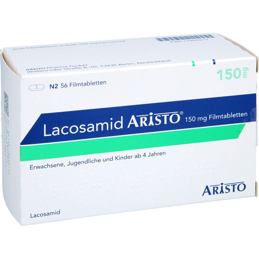 Das Produktfoto zeigt Lacosamid Aristo 150 Mg Filmtabletten (56 stk) PZN 17895917