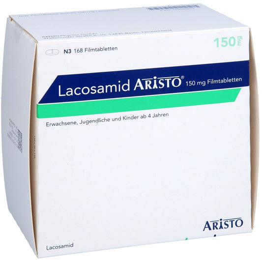 Das Produktfoto zeigt Lacosamid Aristo 150 Mg Filmtabletten (168 stk) PZN 17895923