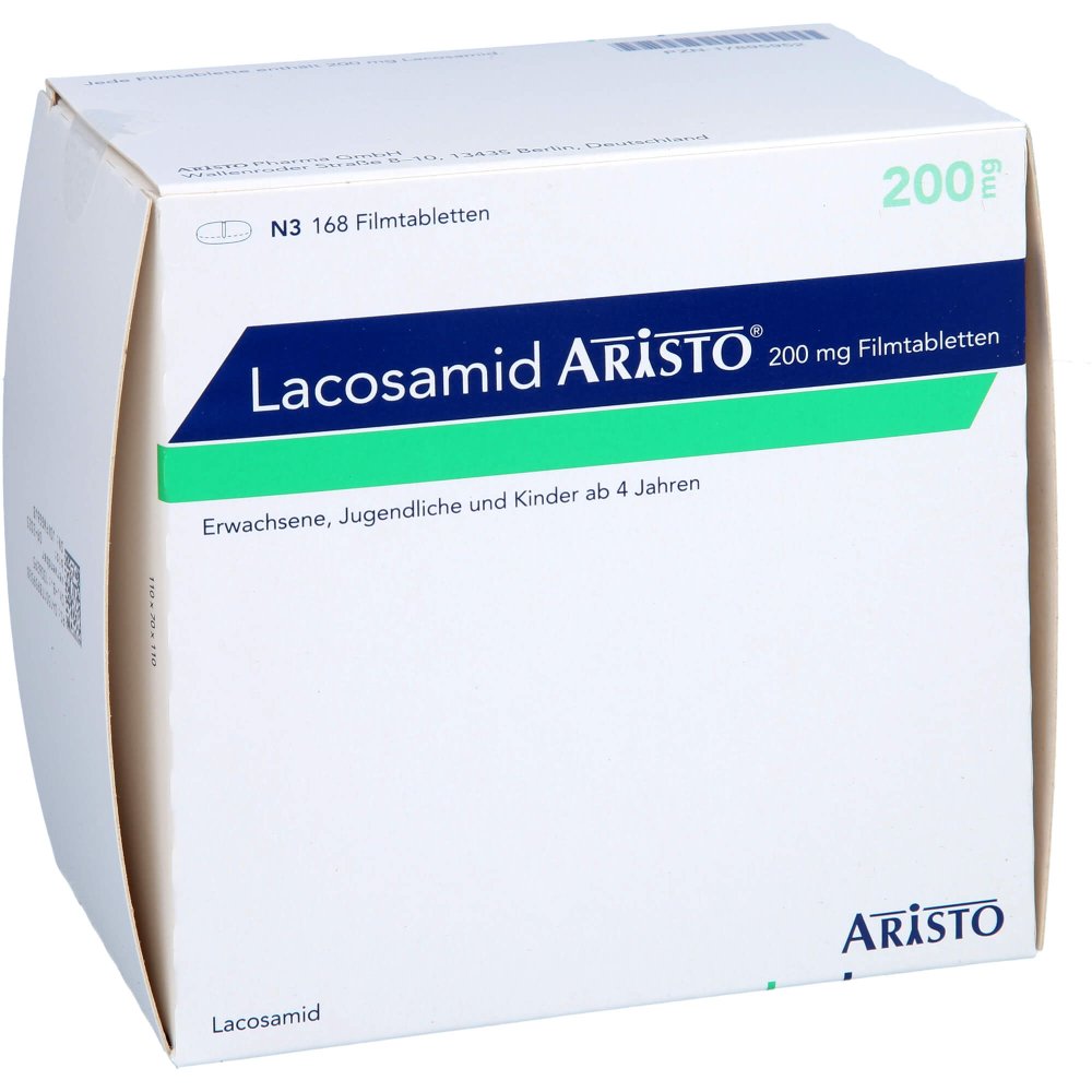 Das Produktfoto zeigt Lacosamid Aristo 200 Mg Filmtabletten (168 stk) PZN 17895952