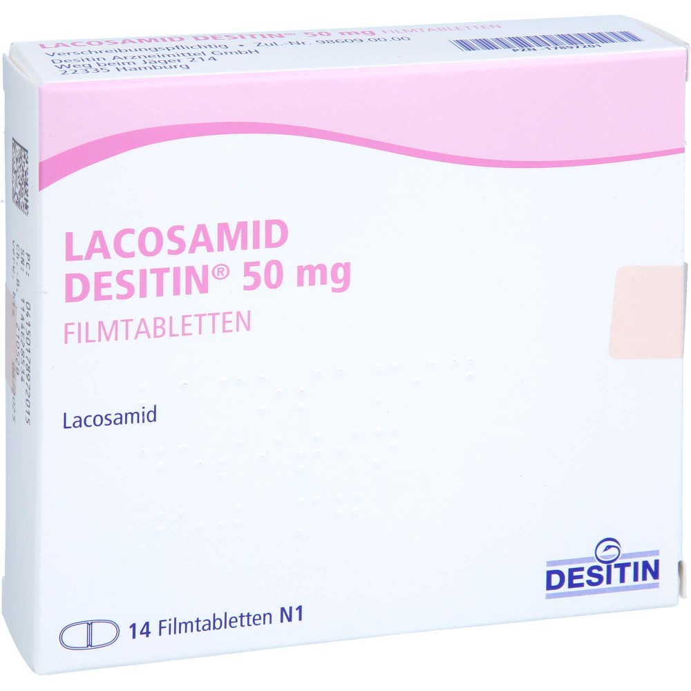 Das Produktfoto zeigt Lacosamid Desitin 50 Mg Filmtabletten (14 stk) PZN 17897201