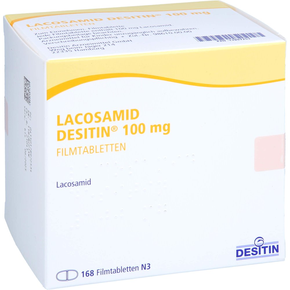 Das Produktfoto zeigt Lacosamid Desitin 100 Mg Filmtabletten (168 stk) PZN 17897253