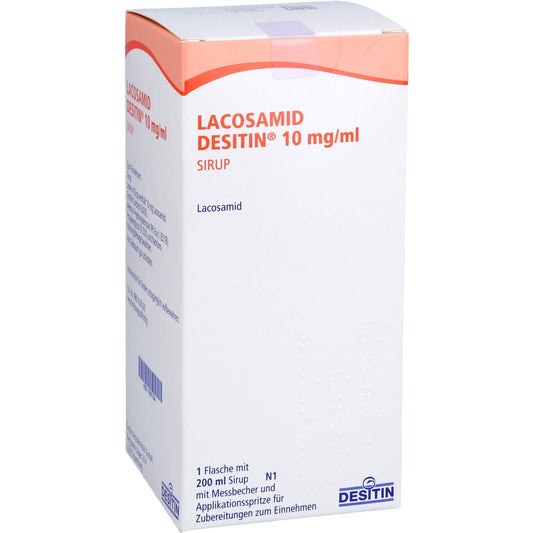 Das Produktfoto zeigt Lacosamid Desitin 10 Mg/Ml Sirup (200 ml) PZN 17897336