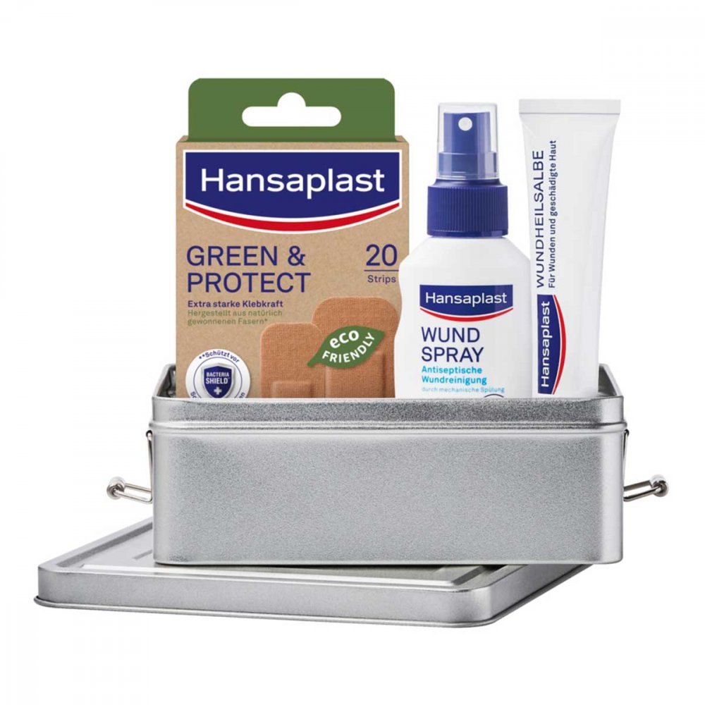 Das Produktfoto zeigt Hansaplast Wundversorgungs-Set Green & Protect Box (1 stk) PZN 17908494