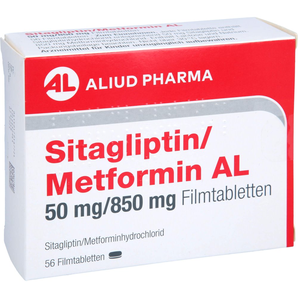 Das Produktfoto zeigt Sitagliptin/Metformin Al 50 Mg/850 Mg Filmtabl. (56 stk) PZN 17916772