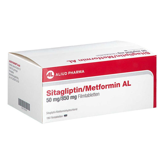 Das Produktfoto zeigt Sitagliptin/Metformin Al 50 Mg/850 Mg Filmtabl. (196 stk) PZN 17916789