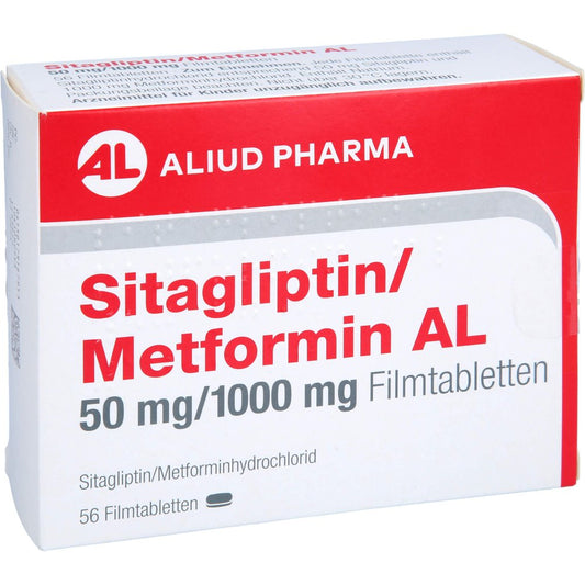 Das Produktfoto zeigt Sitagliptin/Metformin Al 50 Mg/1000 Mg Filmtabl. (56 stk) PZN 17916795