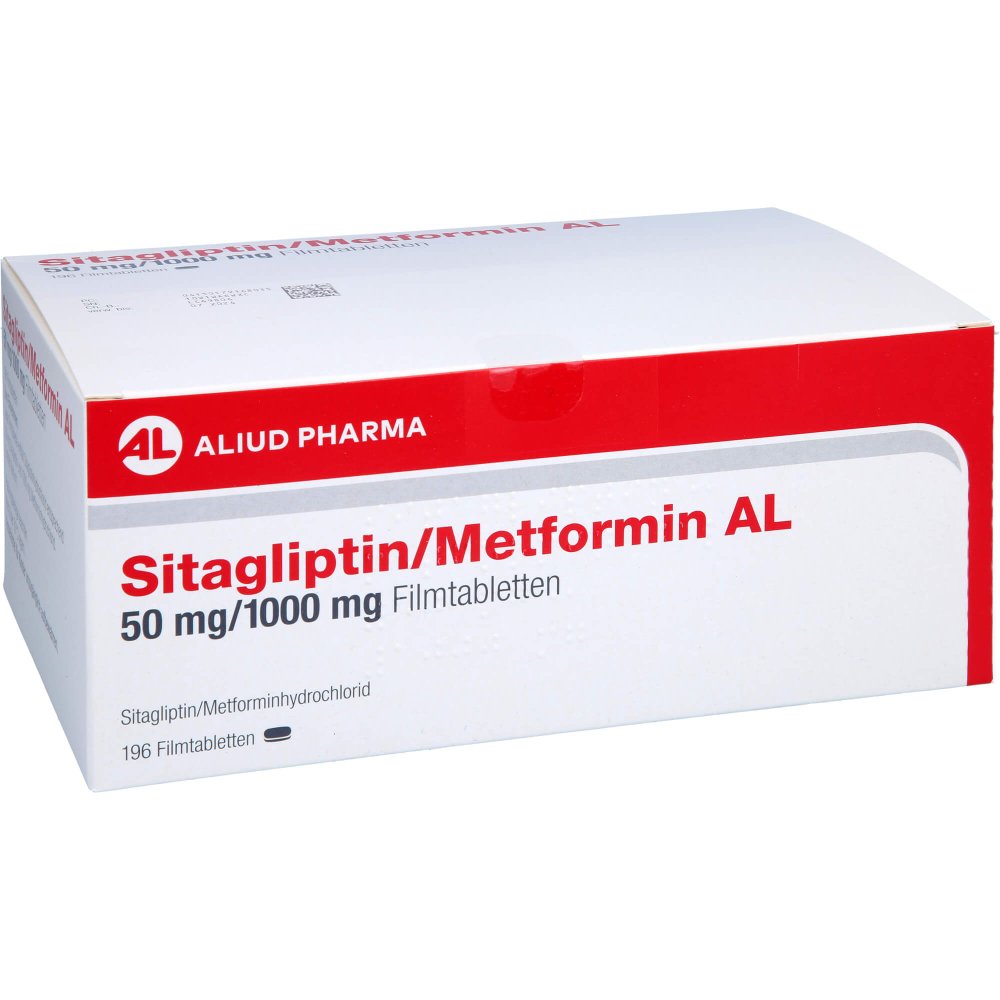 Das Produktfoto zeigt Sitagliptin/Metformin Al 50 Mg/1000 Mg Filmtabl. (196 stk) PZN 17916803