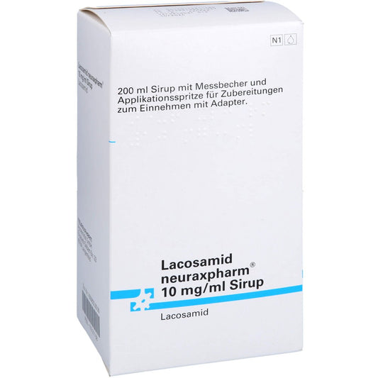 Das Produktfoto zeigt Lacosamid Neuraxpharm 10 Mg/Ml Sirup (200 ml) PZN 17921158