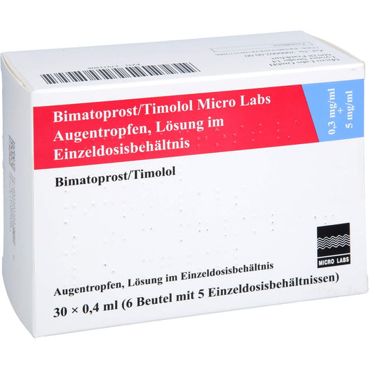 Das Produktfoto zeigt Bimatoprost/Timolol Micro Labs 0,3+5 Mg/Ml Atr Edb (30X0.4 ml) PZN 17931808