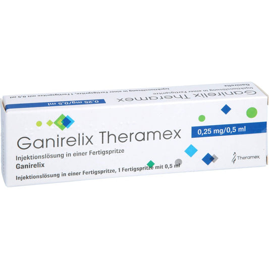 Das Produktfoto zeigt Ganirelix Theramex 0,25 Mg/0,5 Ml Inj.-Lsg.I.E.Fs (1 stk) PZN 17935433