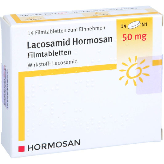 Das Produktfoto zeigt Lacosamid Hormosan 50 Mg Filmtabletten (14 stk) PZN 17941824
