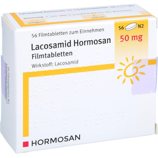 Das Produktfoto zeigt Lacosamid Hormosan 50 Mg Filmtabletten (56 stk) PZN 17941830