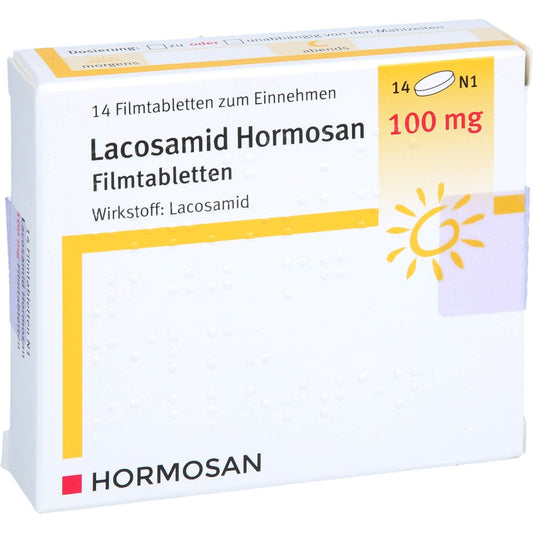 Das Produktfoto zeigt Lacosamid Hormosan 100 Mg Filmtabletten (14 stk) PZN 17941876