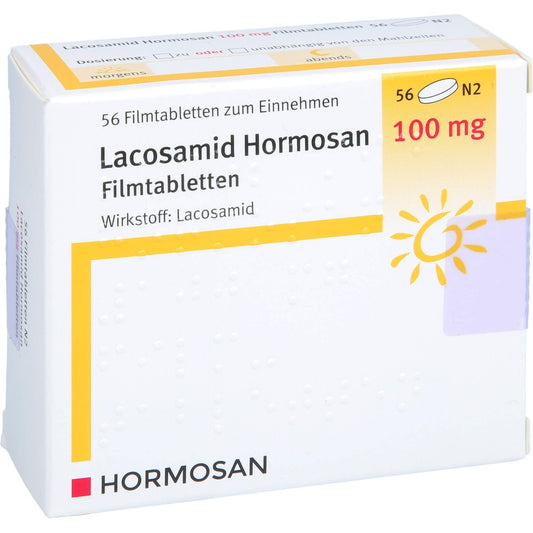Das Produktfoto zeigt Lacosamid Hormosan 100 Mg Filmtabletten (56 stk) PZN 17941882