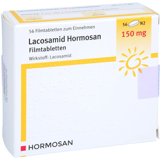Das Produktfoto zeigt Lacosamid Hormosan 150 Mg Filmtabletten (56 stk) PZN 17941913