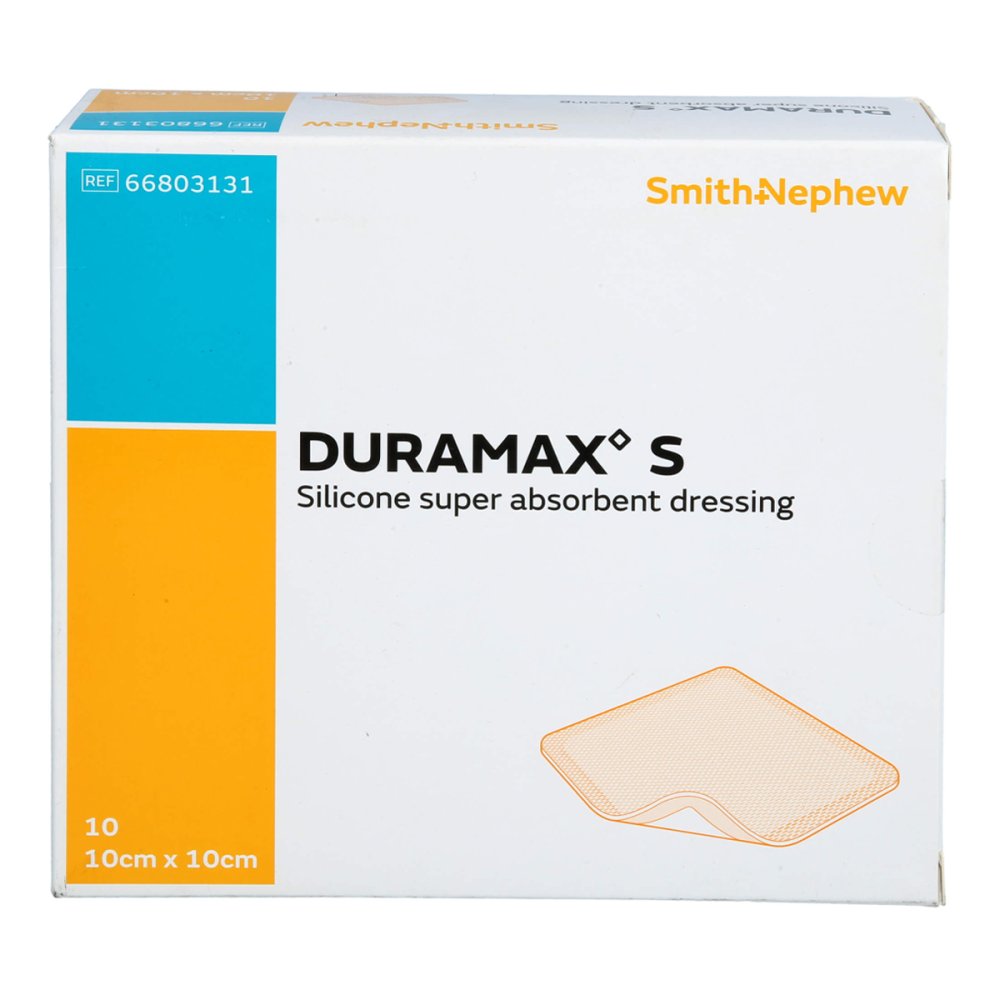 Das Produktfoto zeigt Duramax S 10x10 Cm Superabsorber Silikonverband (10 stk) PZN 17944461