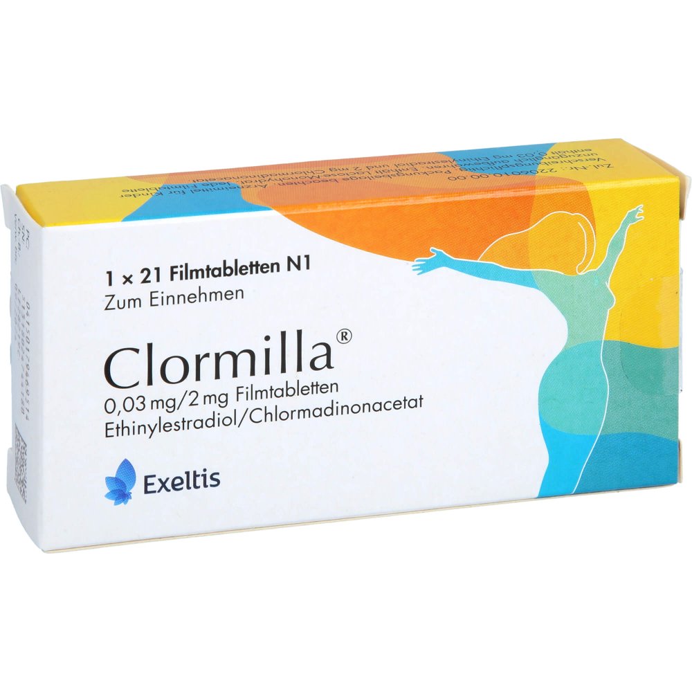 Das Produktfoto zeigt Clormilla 0,03 Mg/2 Mg Filmtabletten (1X21 stk) PZN 17946951