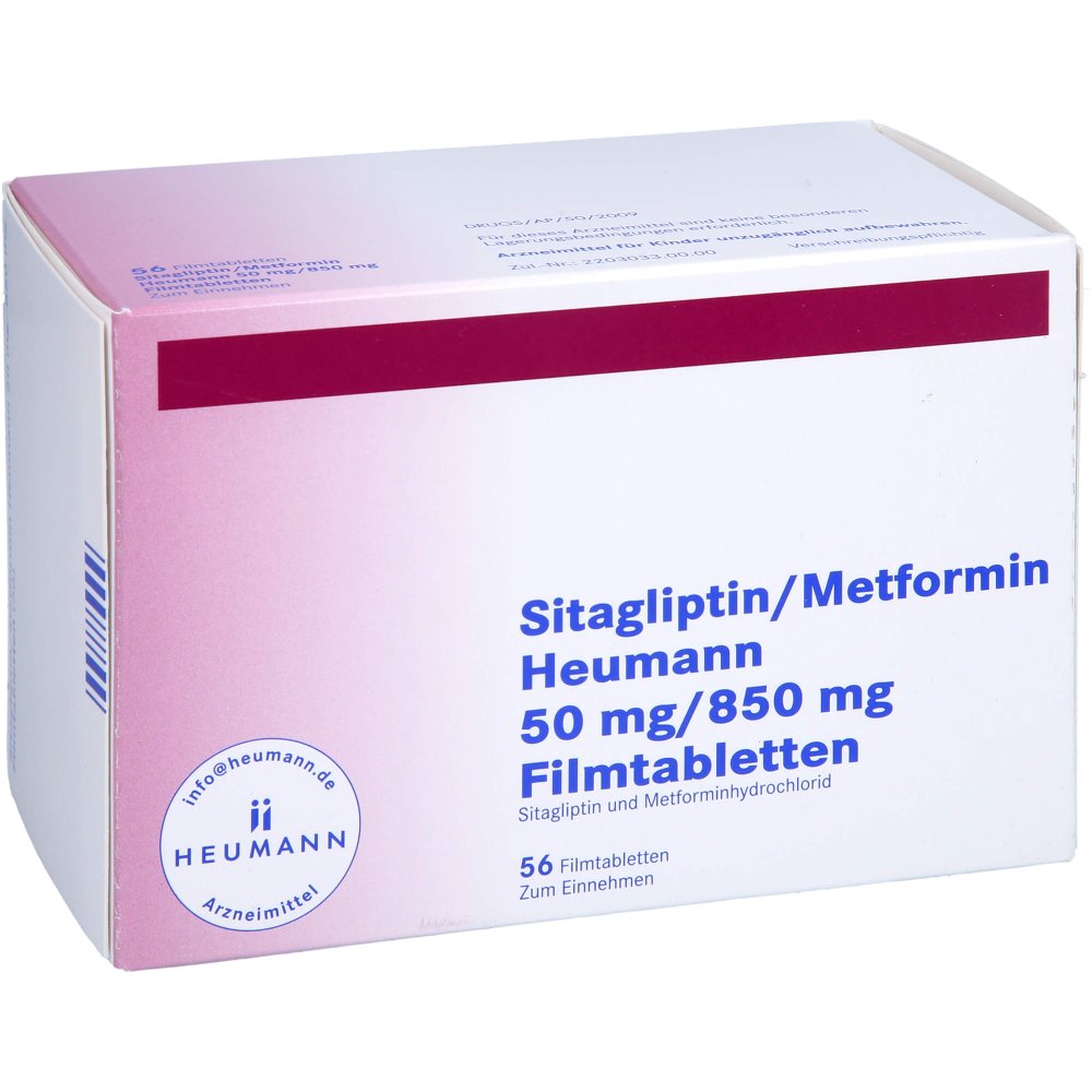 Das Produktfoto zeigt Sitagliptin/Metformin Heumann 50 Mg/850 Mg Fta (56 stk) PZN 17954324