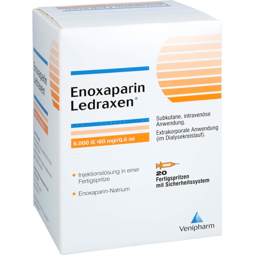 Das Produktfoto zeigt Enoxaparin Ledraxen 6.000 I.E. 60mg/0,6ml Ife (20 stk) PZN 17955022