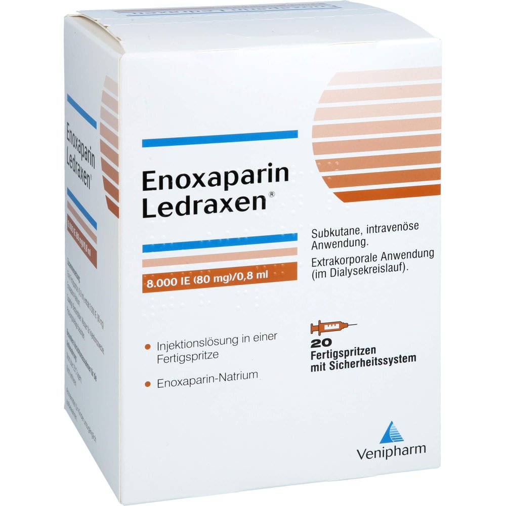 Das Produktfoto zeigt Enoxaparin Ledraxen 8.000 I.E. 80mg/0,8ml Ife (20 stk) PZN 17955045